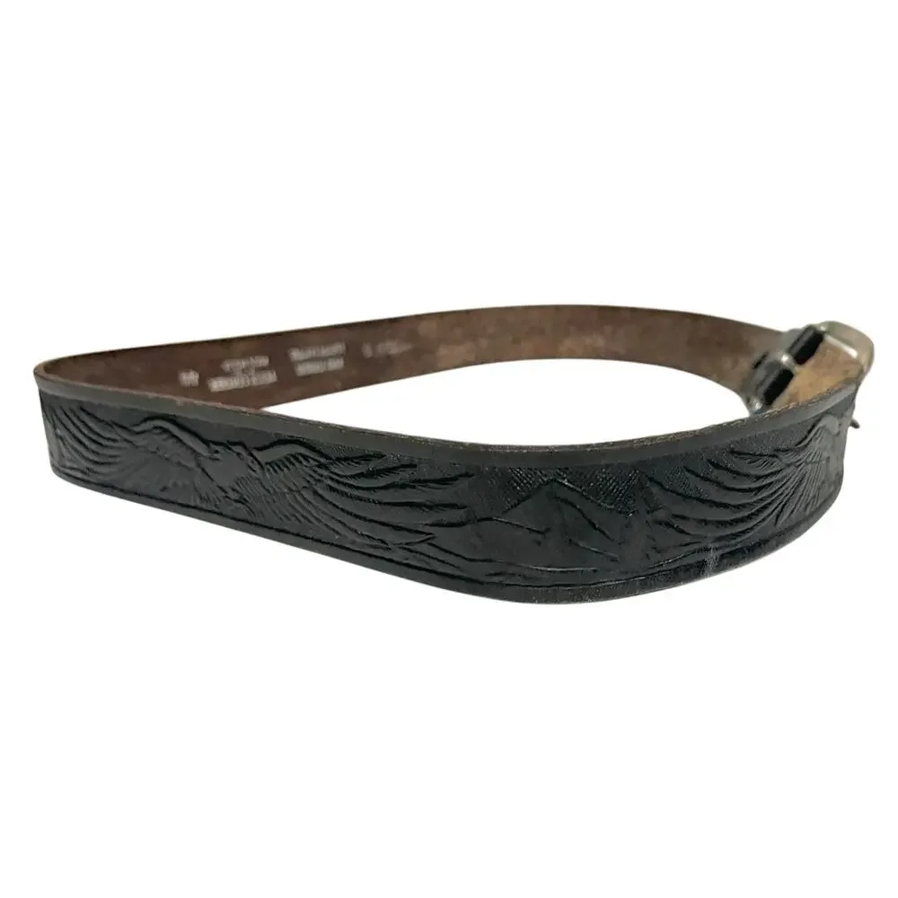 Vintage HAND TOOLED Belt WESTERN Eagle Black Leather Made In U.S.A Men’s 44